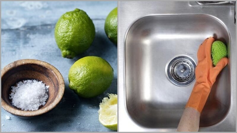 Làm sạch bồn rửa với chanh và muối