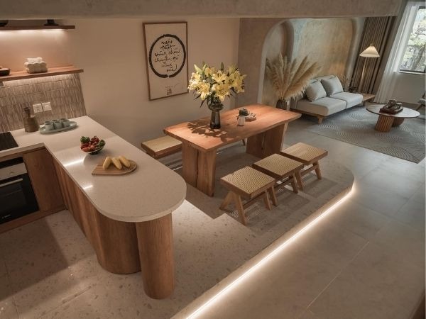 Đảo bếp làm vách ngăn hai phòng