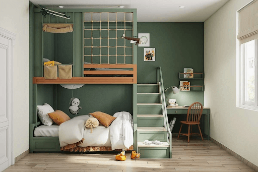 Phòng ngủ đôi cho bé trai và bé gái chủ đề rừng xanh