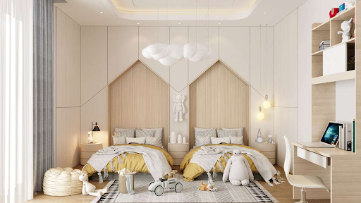Phòng ngủ đôi cho bé trai và bé gái phong cách công viên giải trí