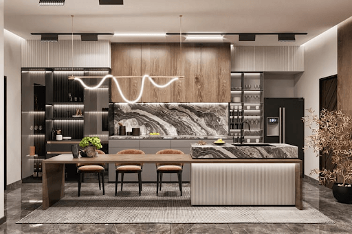 Sử dụng quầy bar ngăn cách giúp không gian bếp thoáng hơn