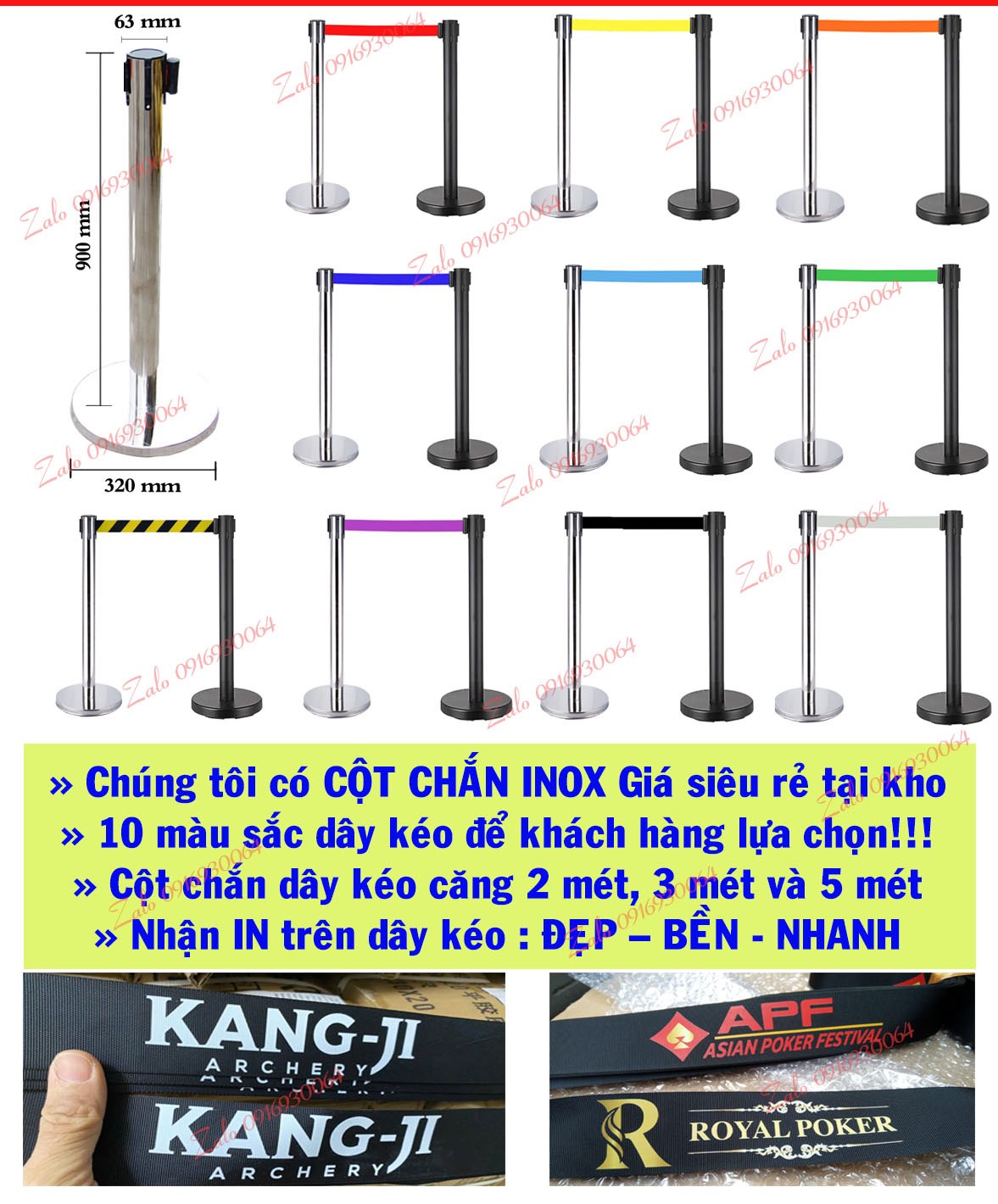 Cột chắn inox dây căng 3m giá rẻ, 10 màu sắc dây