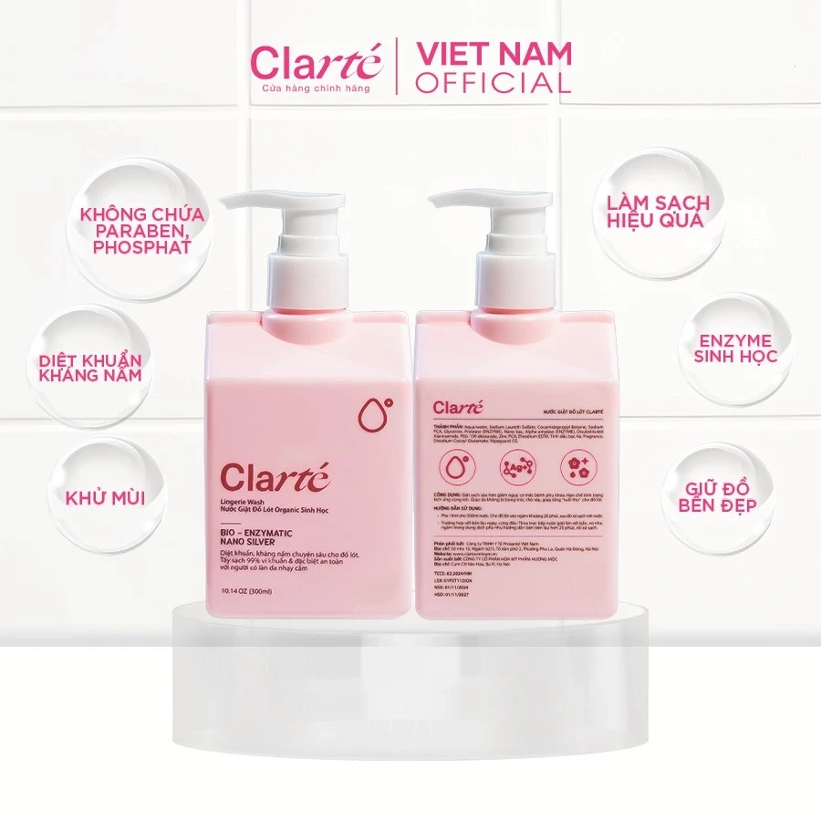 Nước giặt đồ lót Clarté hỗ trợ làm sạch kháng khuẩn, an toàn cho da nhạy cảm (chai 300ML)