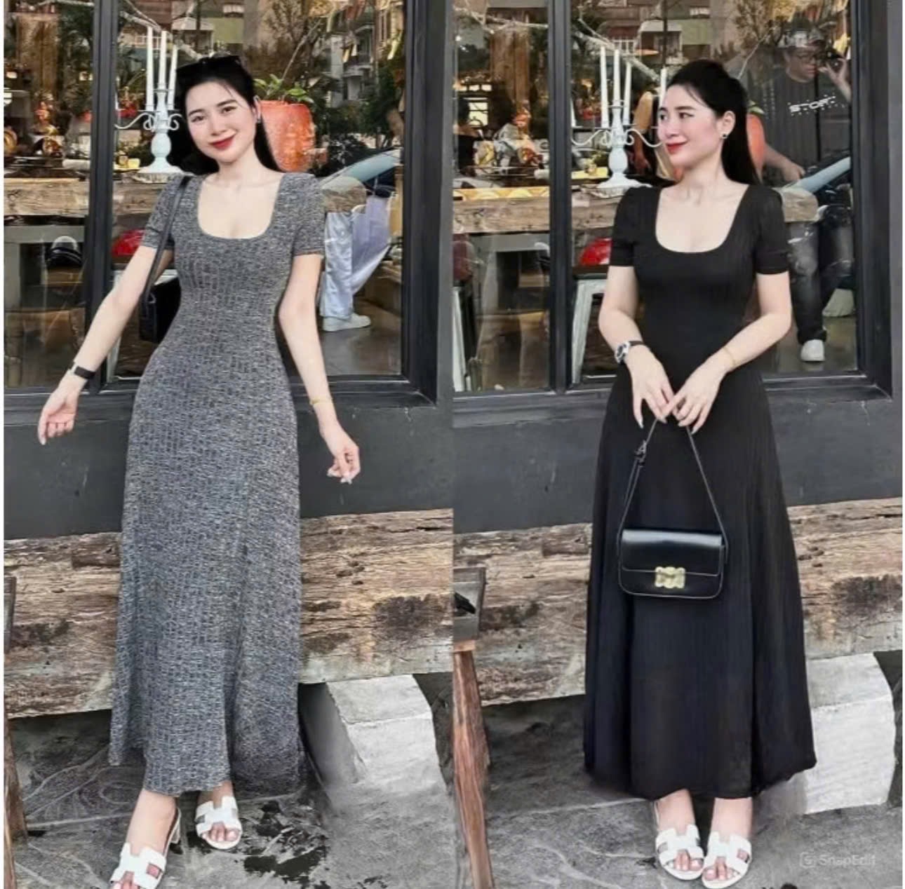 VÂY LEN ĐŨA CỔ U MIDI 2M ĐEN GHI