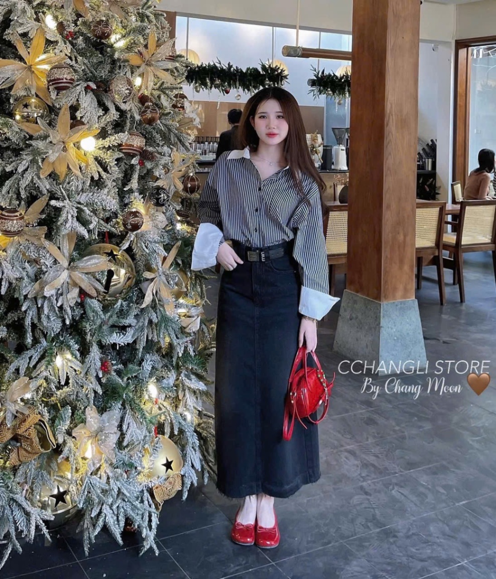 ÁO SƠ MI KẺ PHỐI TAY XANH ĐEN