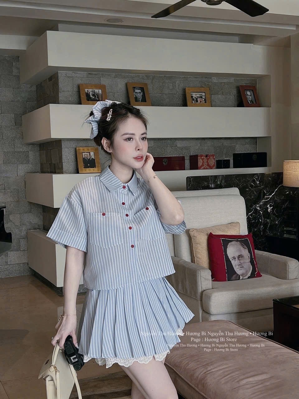 SET ÁO SƠ MI KẺ XANH MIX CV LY KÈM BUỘC TÓC