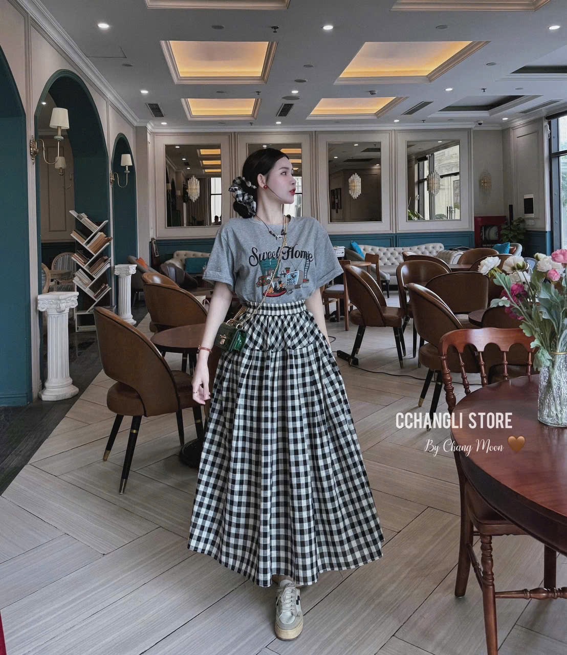 SÉT CỘC TRẮNG GHI SWEET HOME CV KẺ KÈM BUỘC TÓC