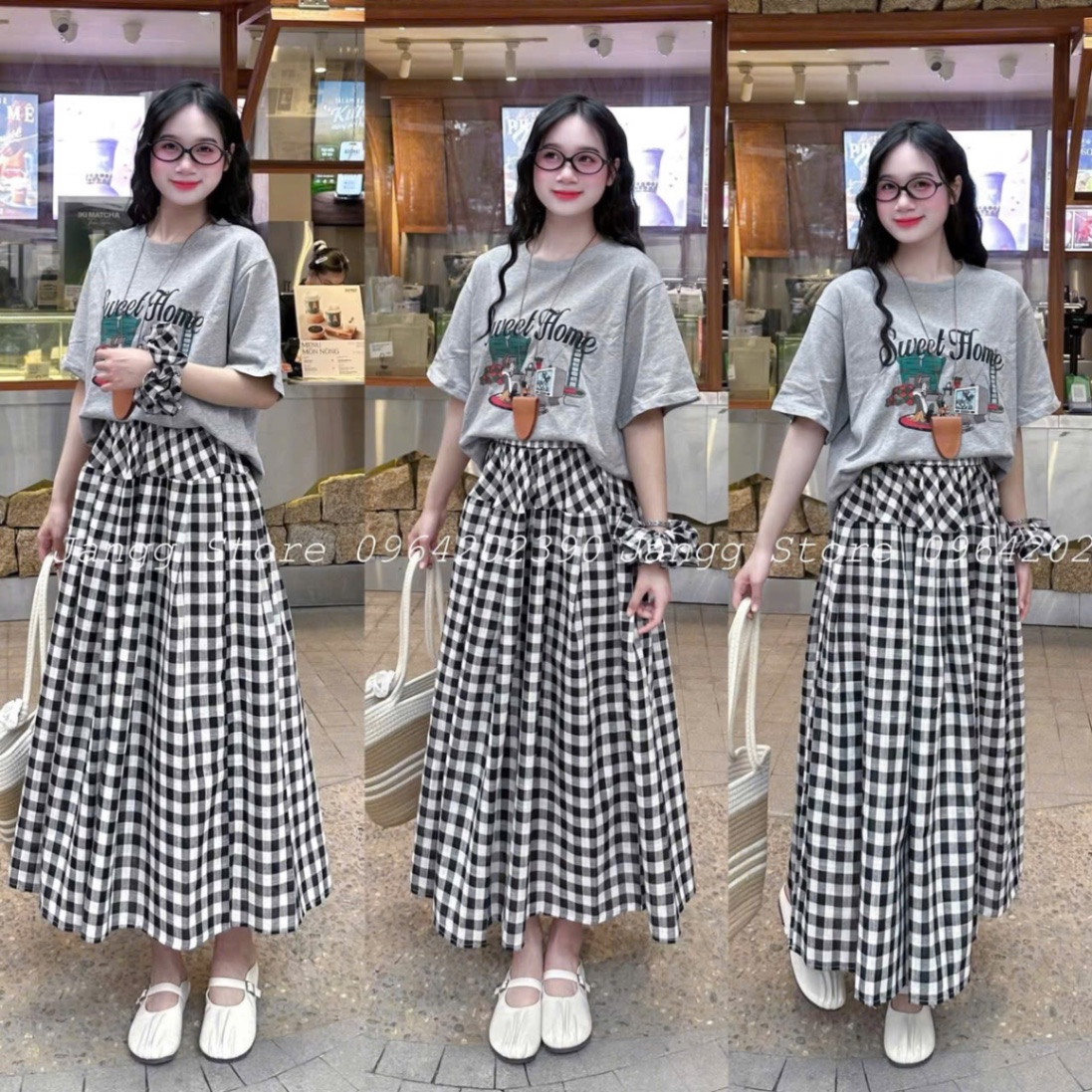 SÉT CỘC TRẮNG GHI SWEET HOME CV KẺ KÈM BUỘC TÓC