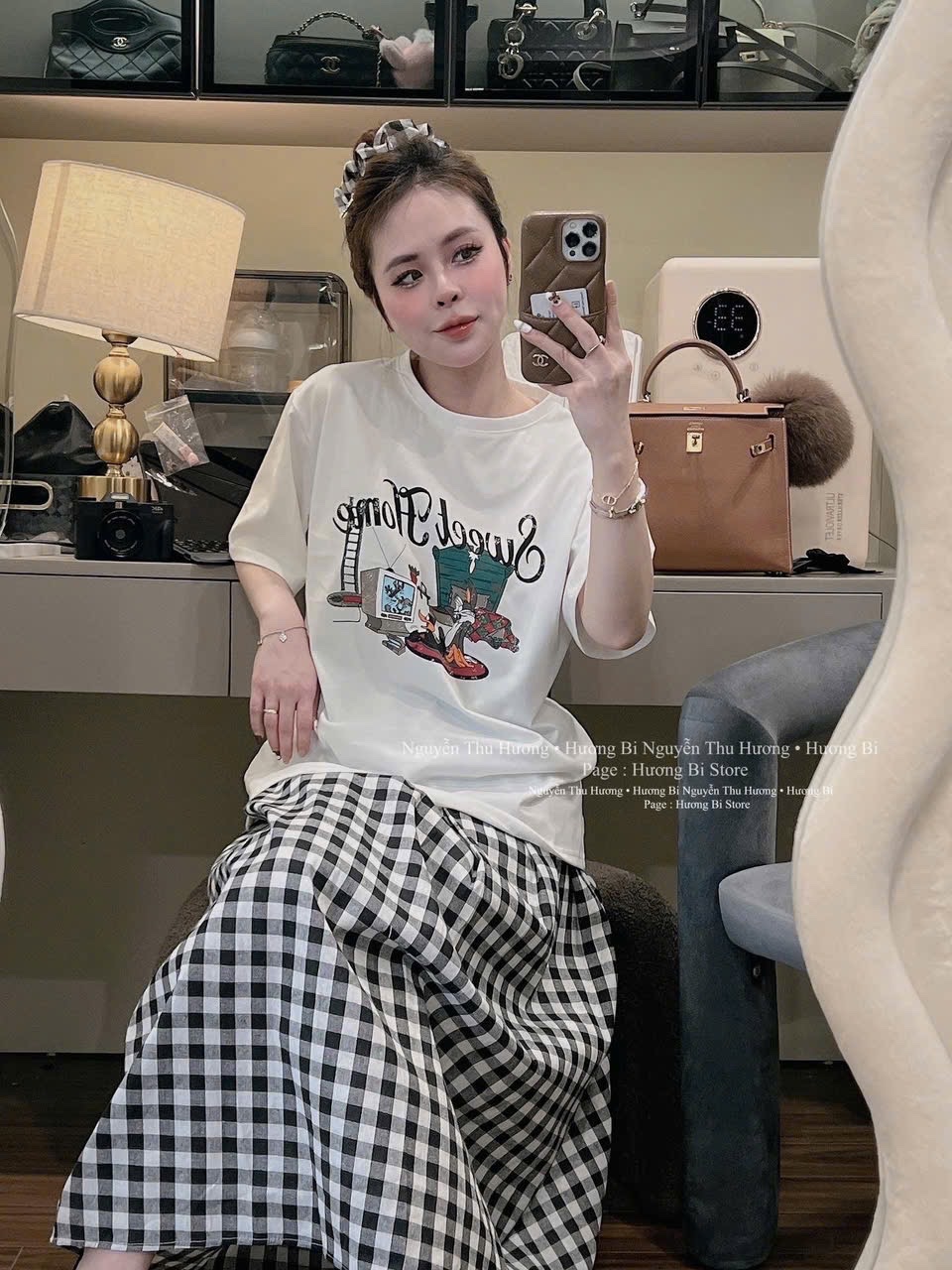 SÉT CỘC TRẮNG GHI SWEET HOME CV KẺ KÈM BUỘC TÓC