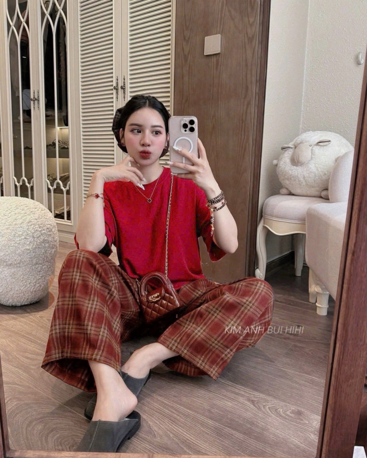 BỘ CỘC ĐỎ QUẦN KẺ SUÔNG KÈM BUỘC TÓC
