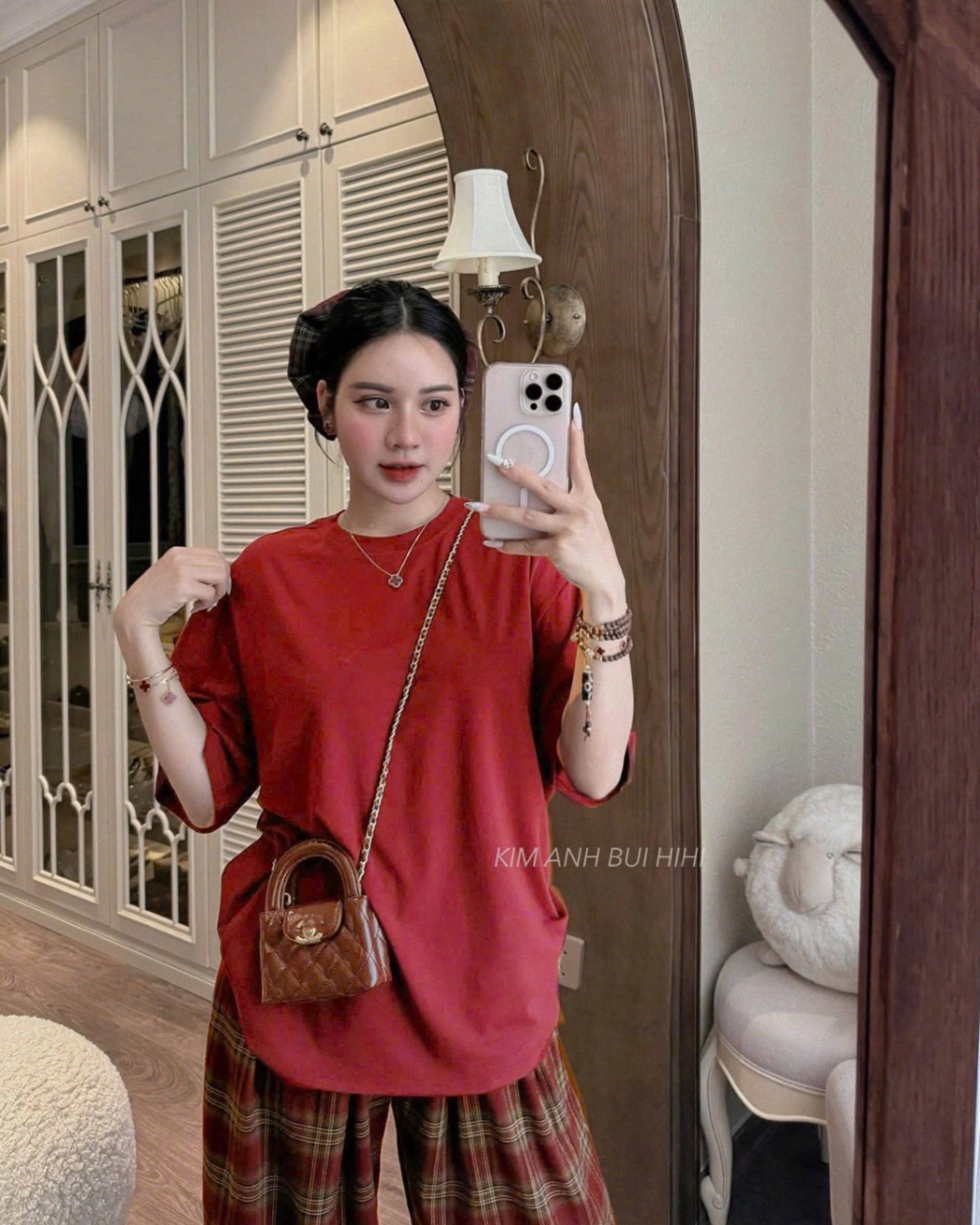 BỘ CỘC ĐỎ QUẦN KẺ SUÔNG KÈM BUỘC TÓC