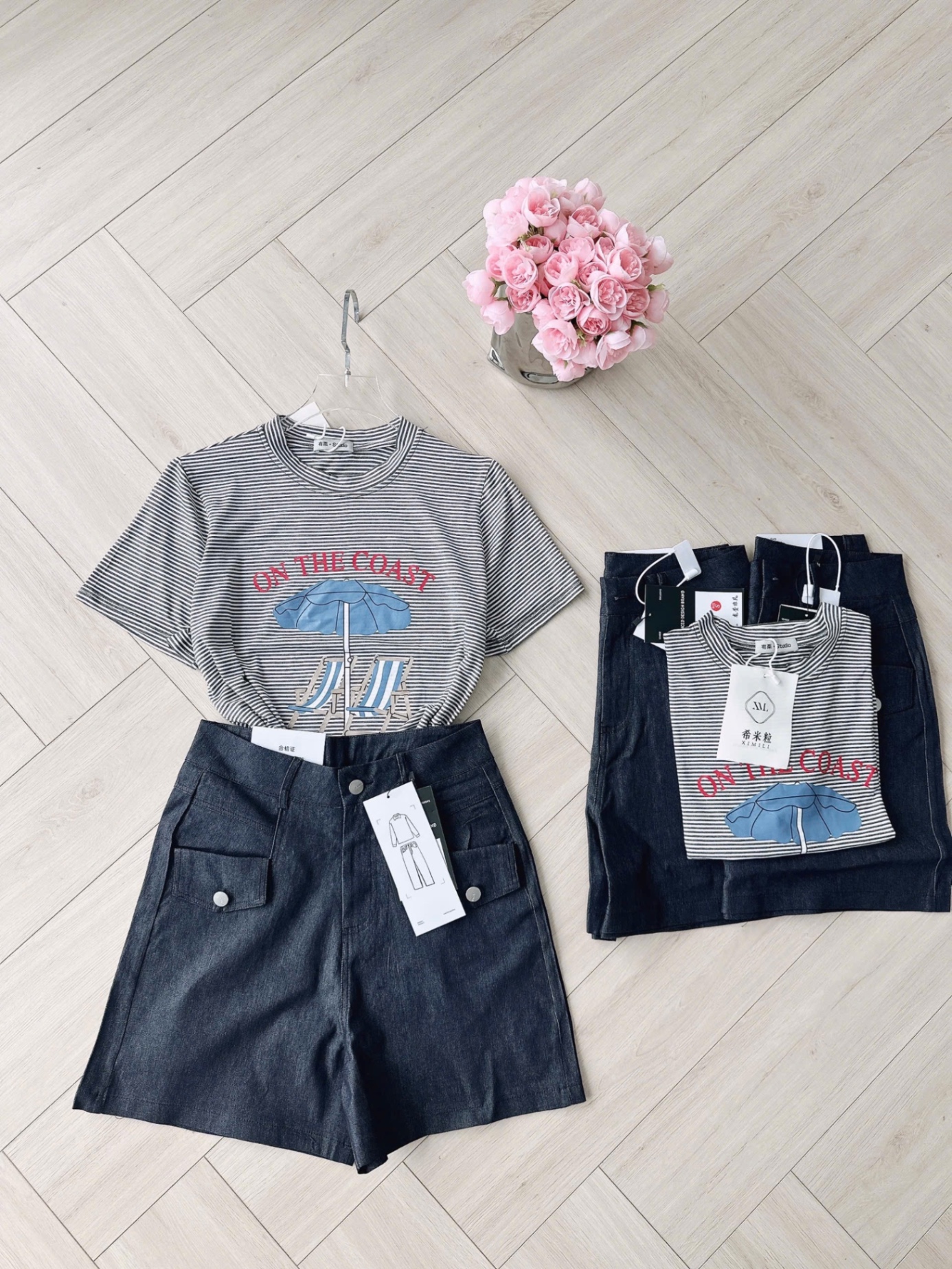 SET ÁO KẺ MIX QUẦN JEAN NẮP TÚI