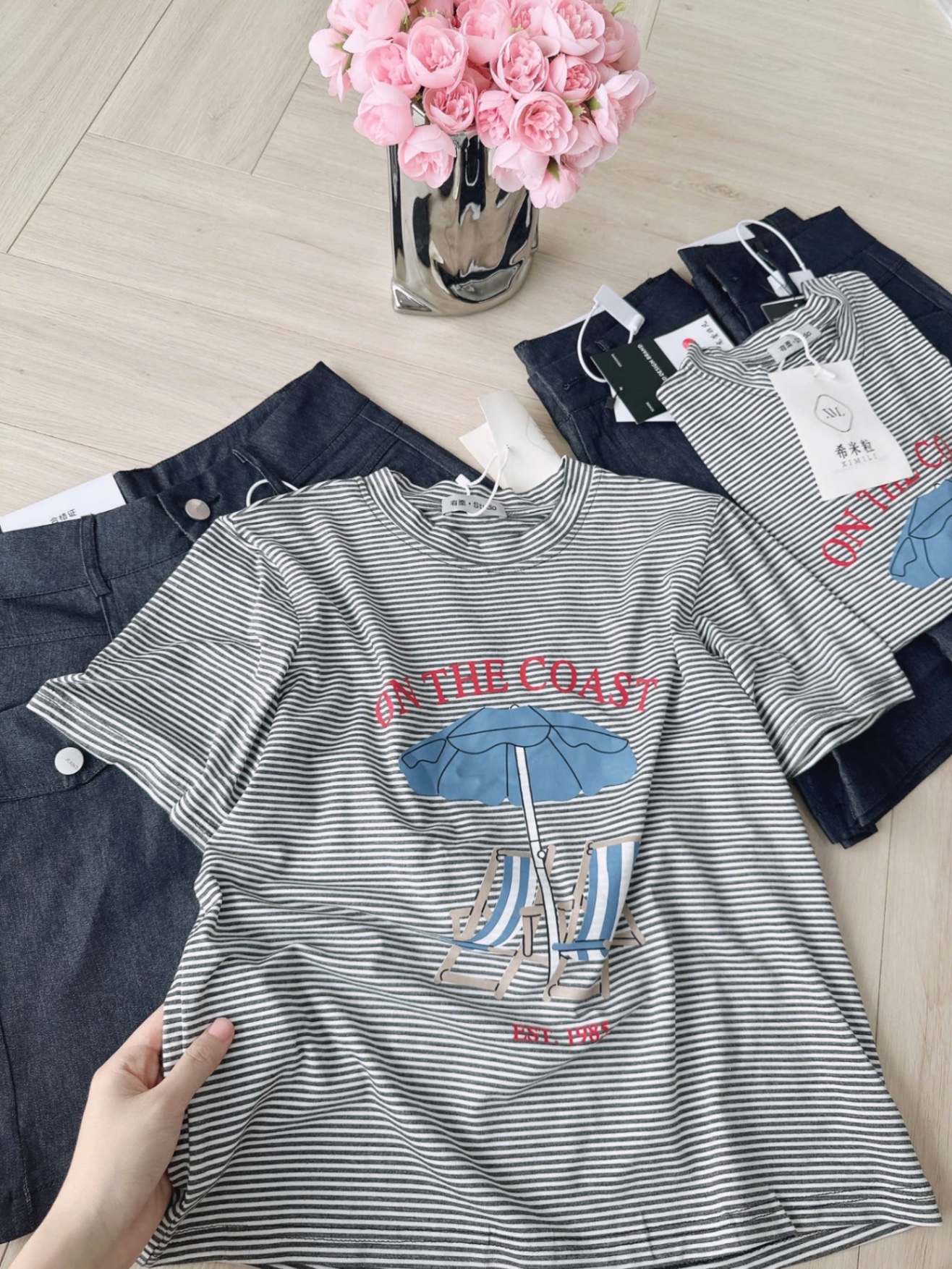 SET ÁO KẺ MIX QUẦN JEAN NẮP TÚI