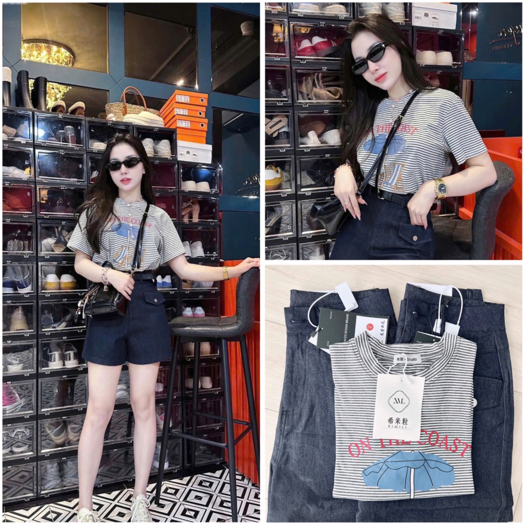 SET ÁO KẺ MIX QUẦN JEAN NẮP TÚI