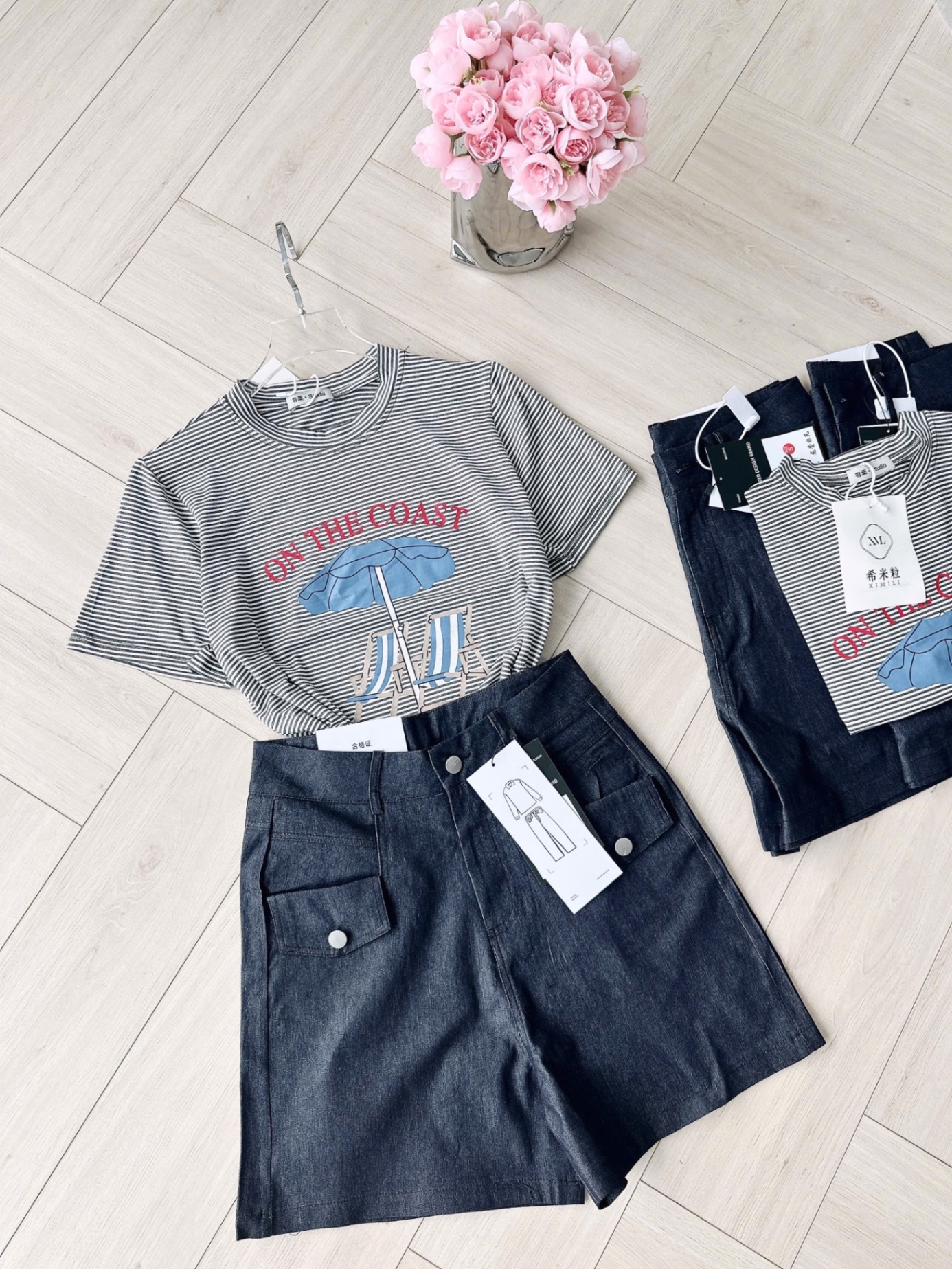 SET ÁO KẺ MIX QUẦN JEAN NẮP TÚI