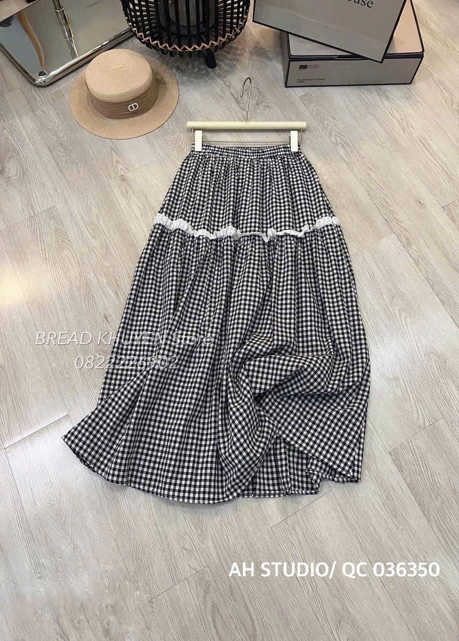 CHÂN VÁY KẺ CARO PHỐI REN TẦNG