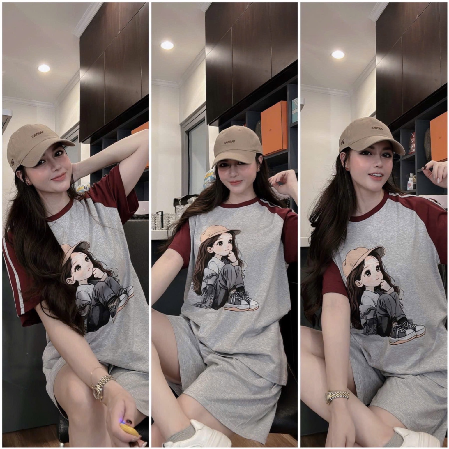 BỘ ĐÙI GHI PHỐI ĐỎ HÌNH CÔ GÁI ĐỘI MŨ