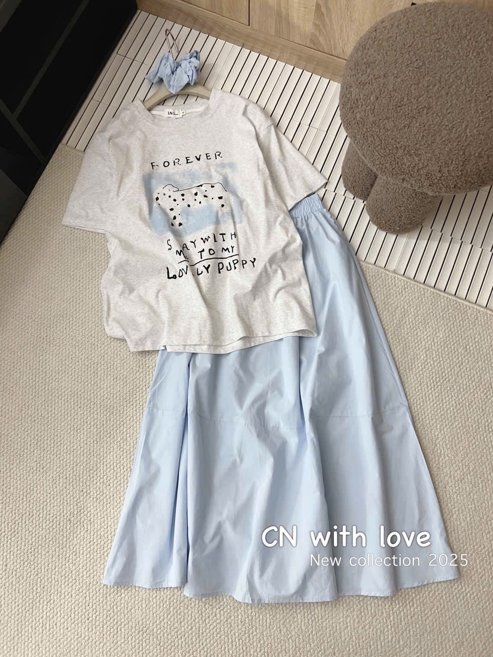 SET ÁO PULL CỘC MIX CV XANH KÈM BUỘC TÓC FOREVER