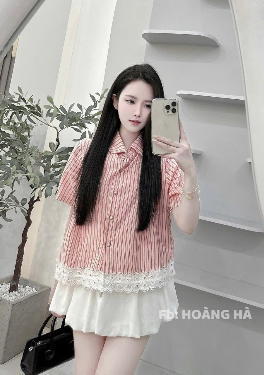 ÁO SƠ MI GU KẺ HỒNG XANH CỔ SEN