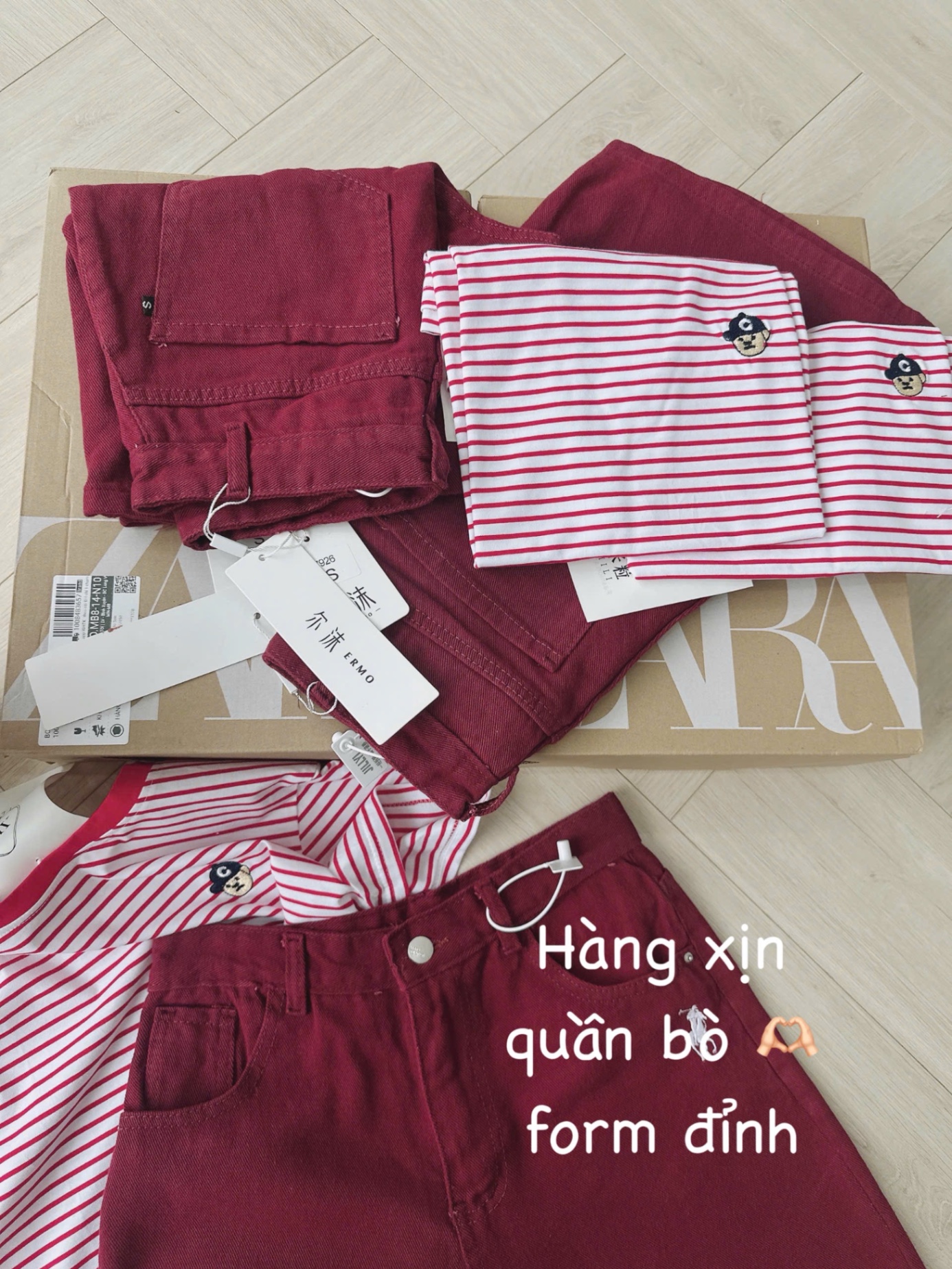 SET ÁO KẺ MIX SOOC JEAN ĐỎ THÊU NGỰA