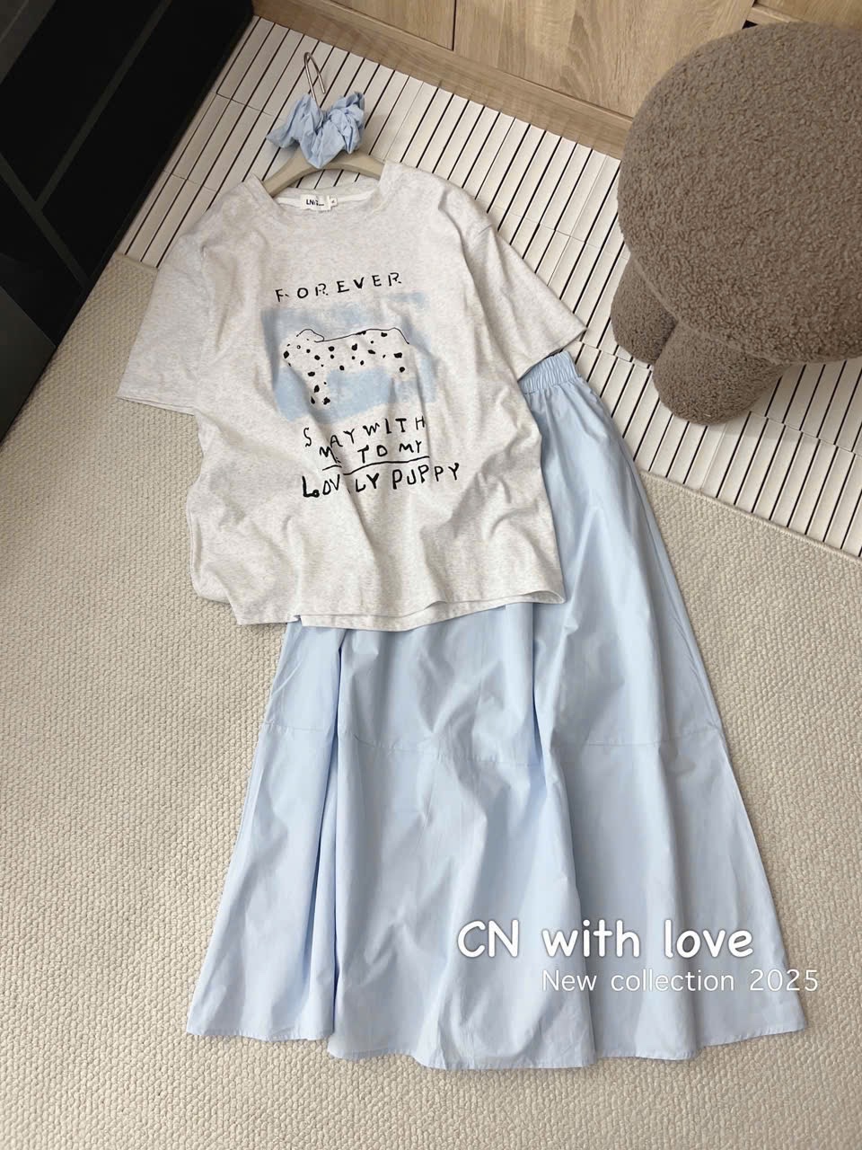 SET ÁO PULL CỘC MIX CV XANH KÈM BUỘC TÓC FOREVER