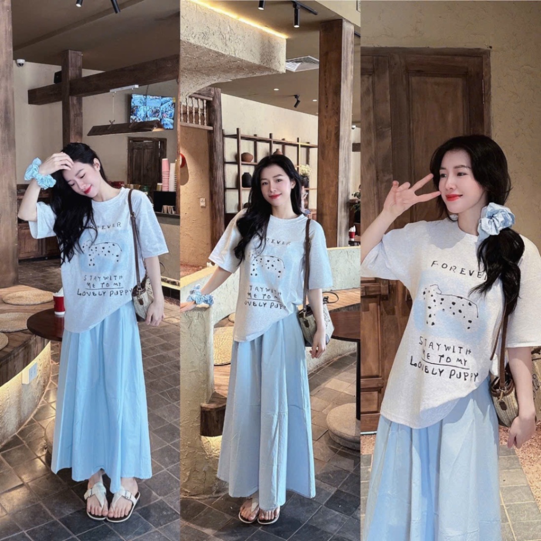 SET ÁO PULL CỘC MIX CV XANH KÈM BUỘC TÓC FOREVER