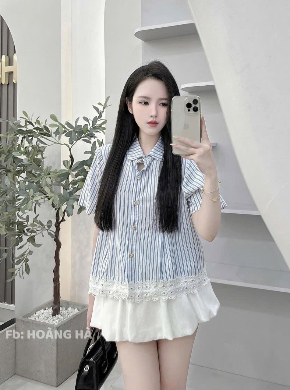 ÁO SƠ MI GU KẺ HỒNG XANH CỔ SEN