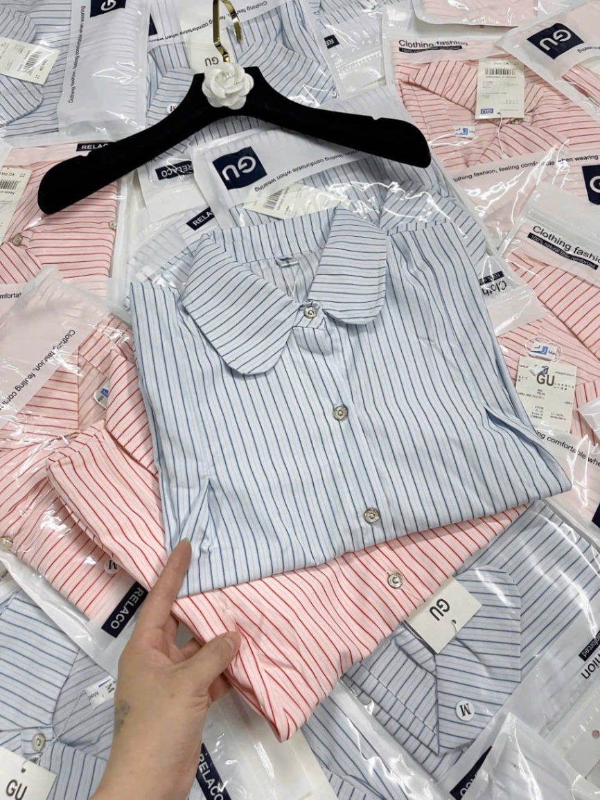 ÁO SƠ MI GU KẺ HỒNG XANH CỔ SEN