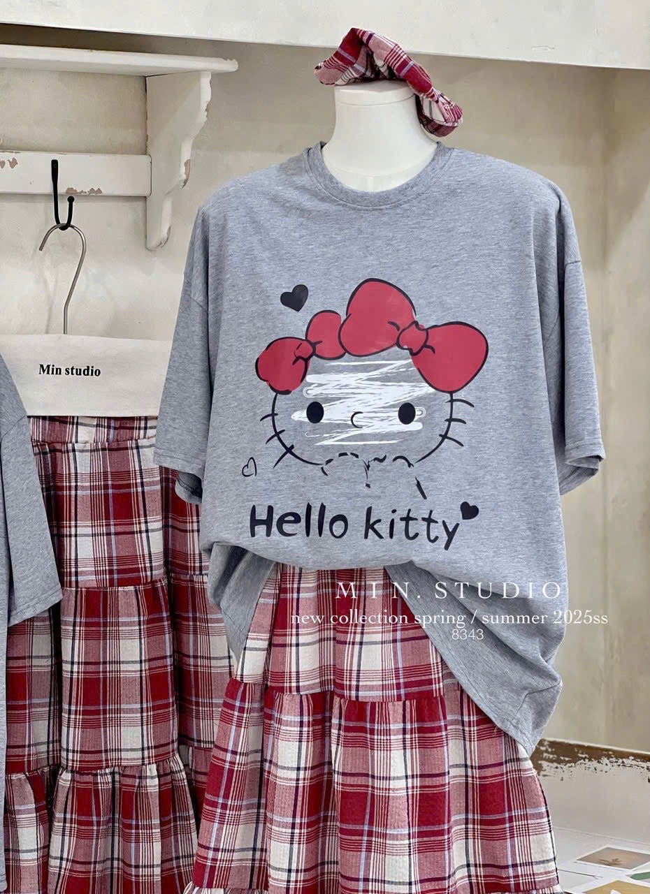 SET 3CT ÁO HELLO KITTY MIX CV KẺ ĐỎ KÈM BUỘC TÓC
