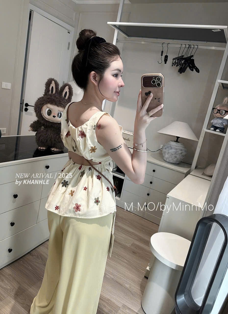BỘ THÔ 2S THÊU HOA MIX QUẦN SUÔNG VÀNG