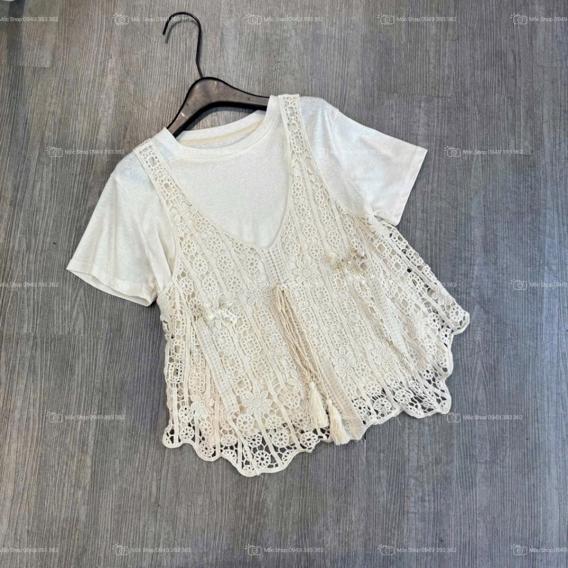 ÁO PULL CỘC TRẮNG MIX YẾM REN QCCC