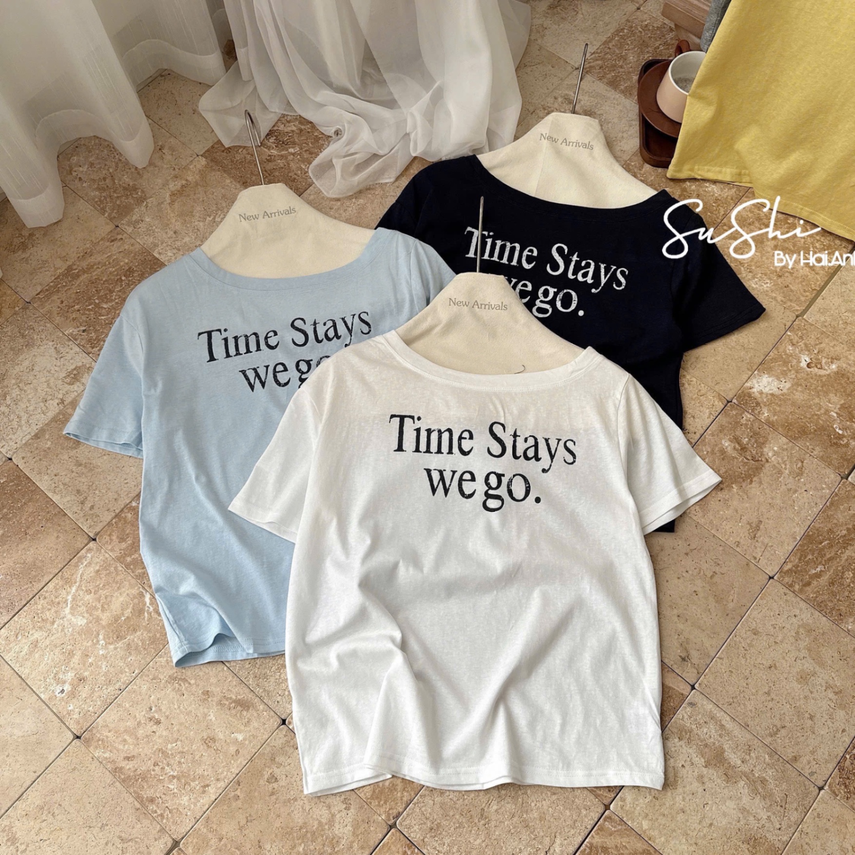 ÁO PULL CỘC LỆCH VAI QC CHỮ TIME STAY