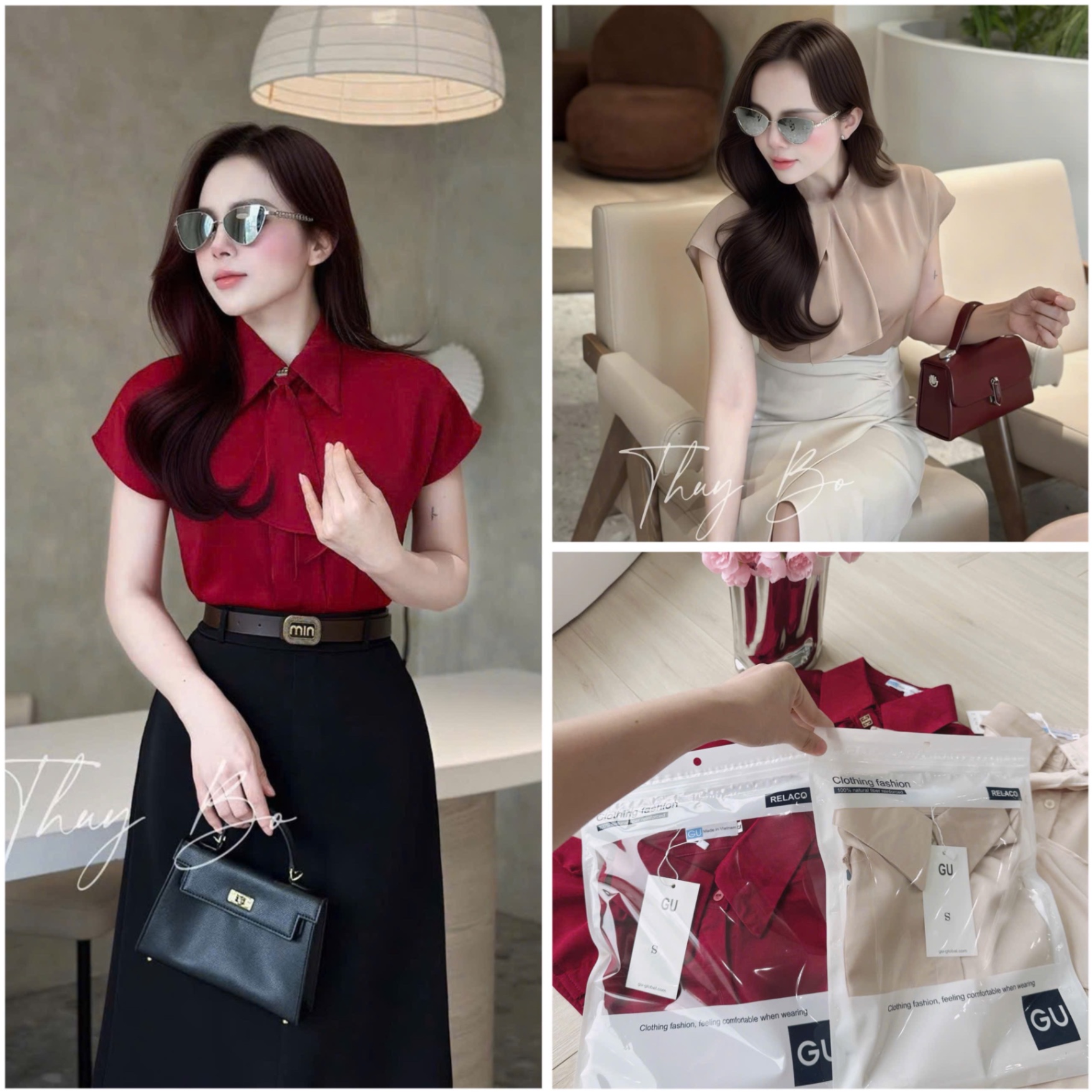 AO SƠ MI GU TAY LIỀN NƠ CỔ ĐỎ BE