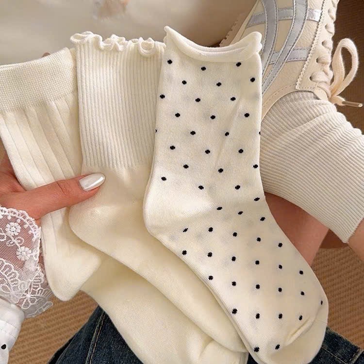 SET 10 ĐÔI TẤT TRẮNG TRƠN CHẤM BI CAO CỔ