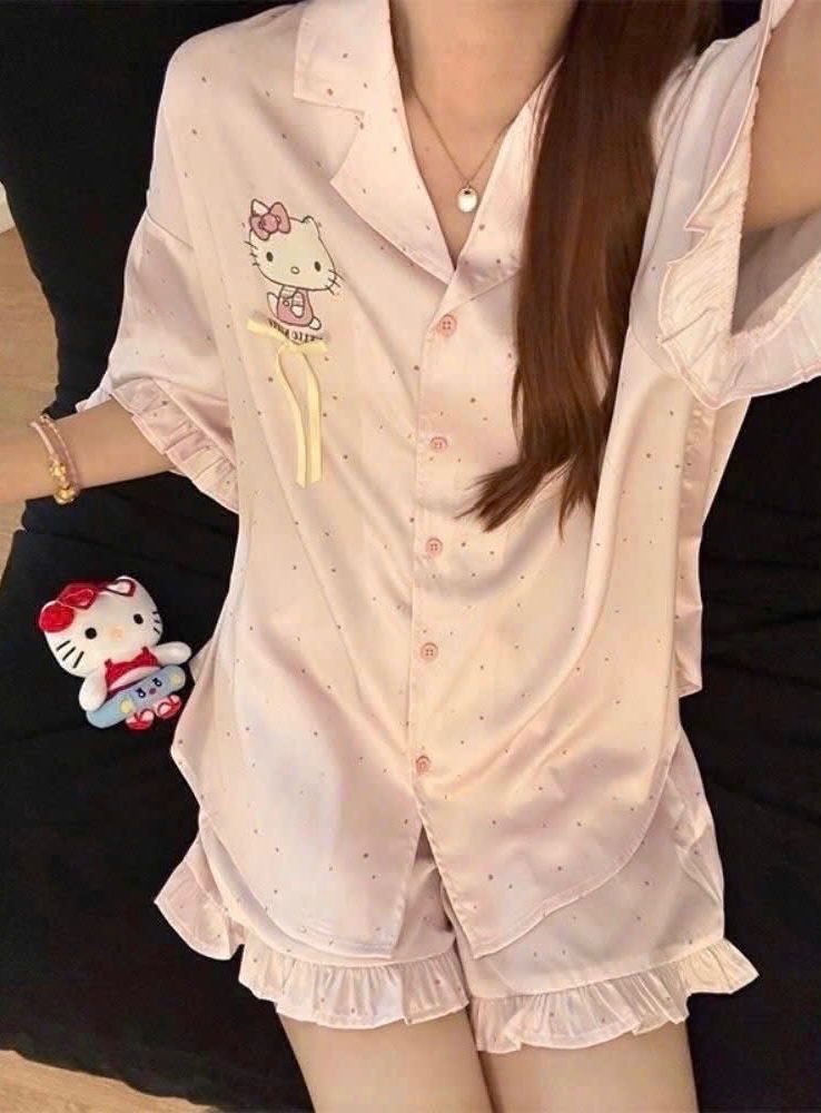BỘ LỤA HỒNG HELLO KITTY CHẤM QC