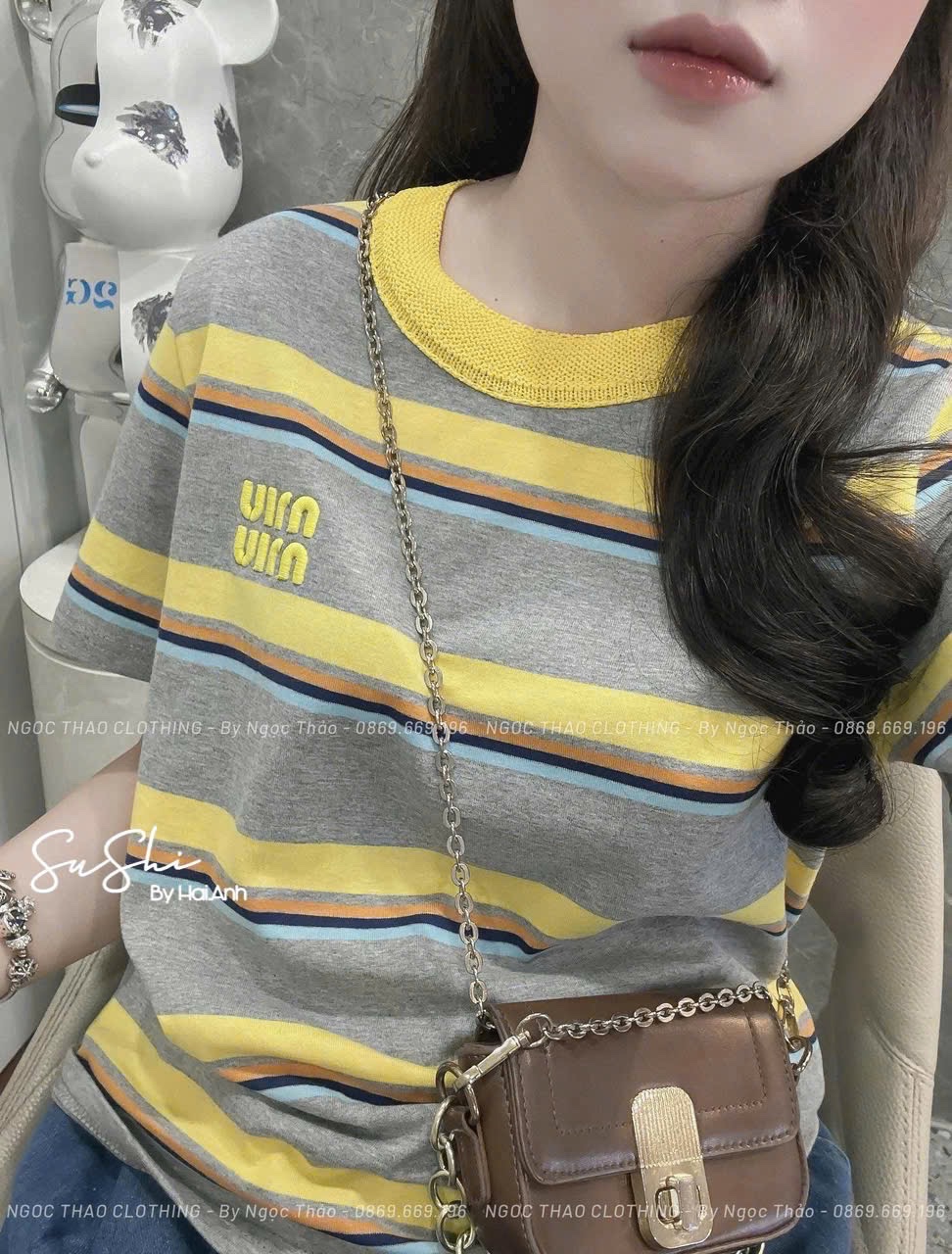 ÁO PULL KẺ XÁM VÀNG MIUMIU QC