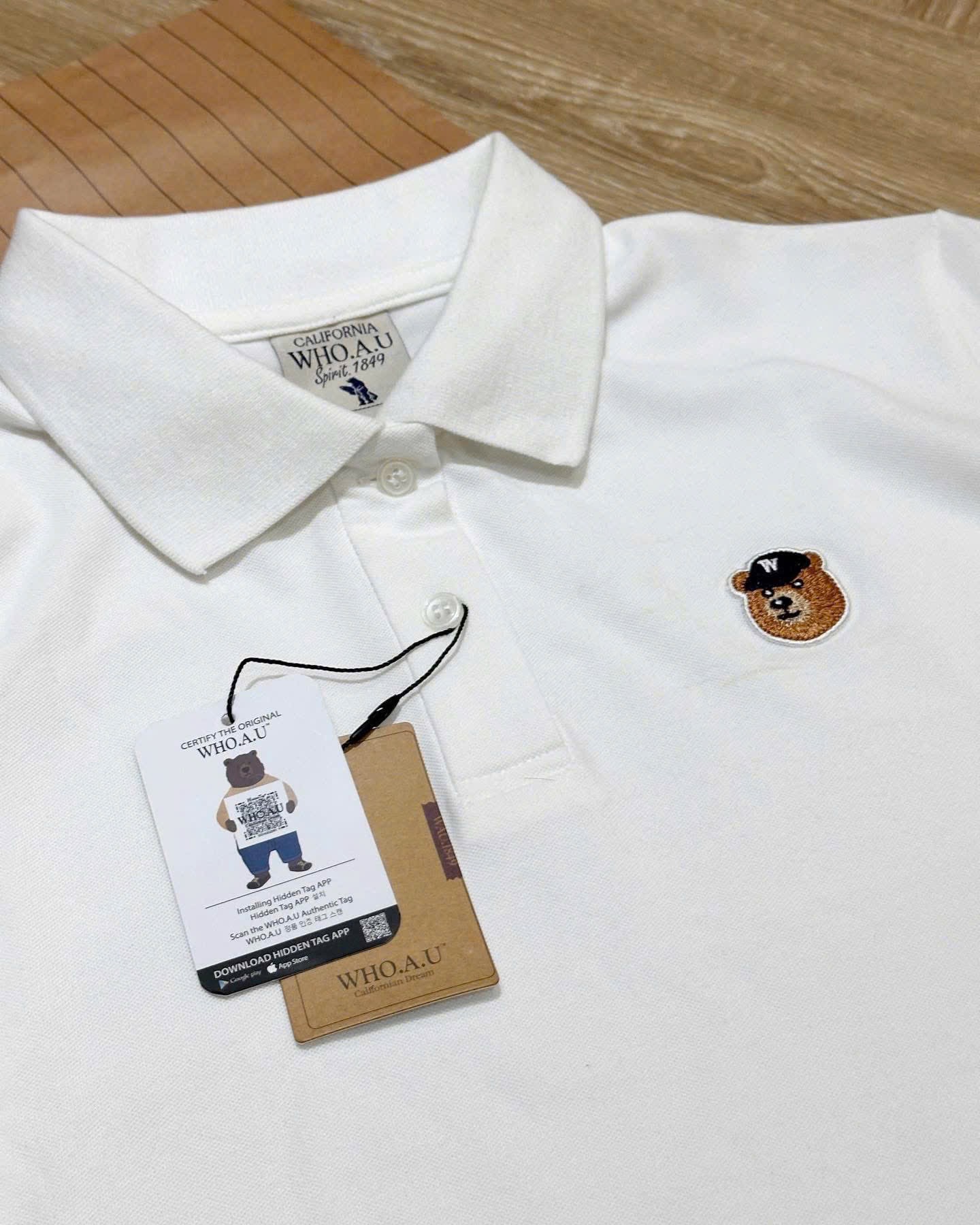 Hàng nhà máy - ÁO POLO CỘC GẤU WHOU MÀU TRẮNG XUẤT XỊN