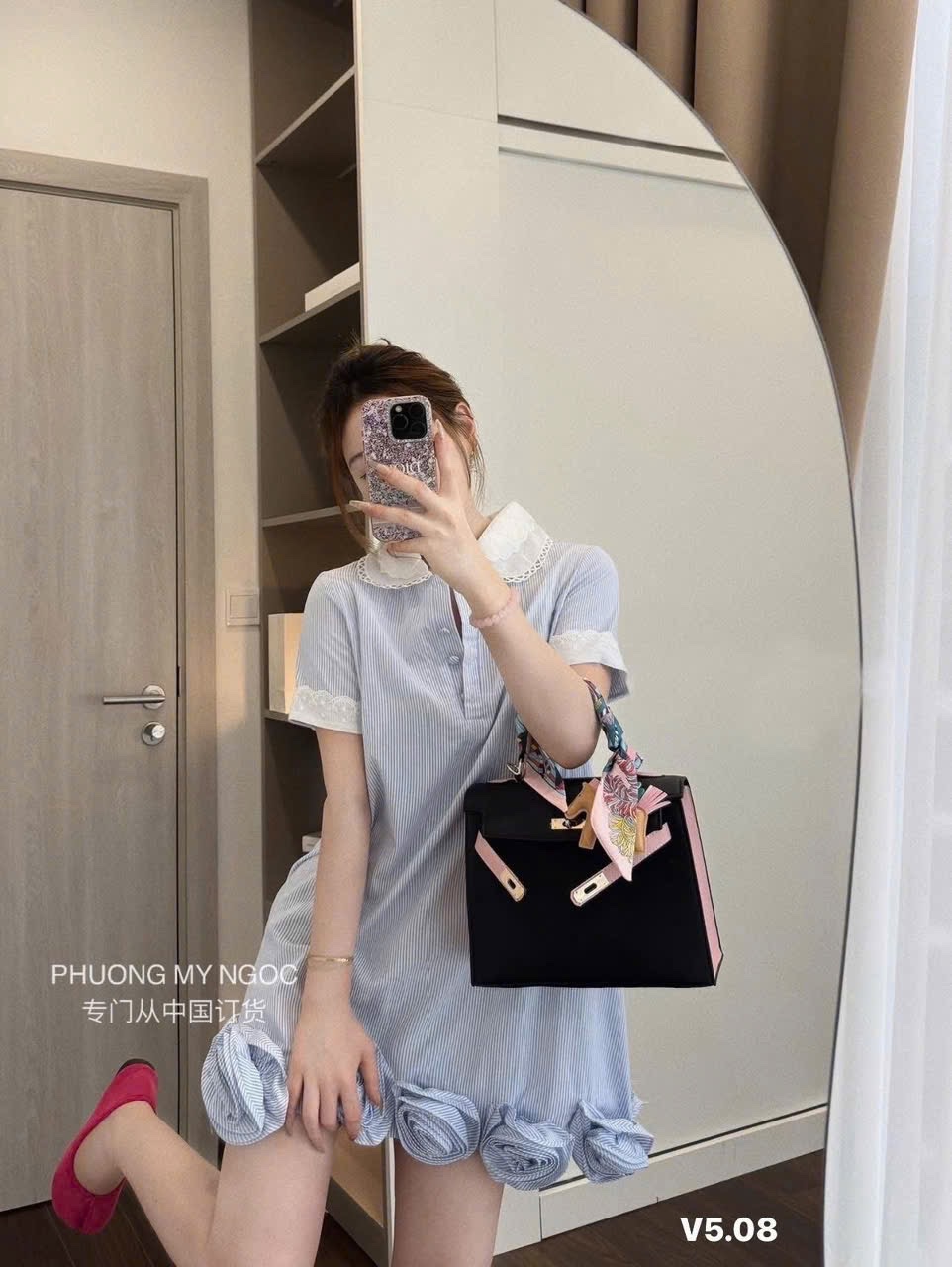 VÂY SUÔNG KẺ XANH KẾT HOA