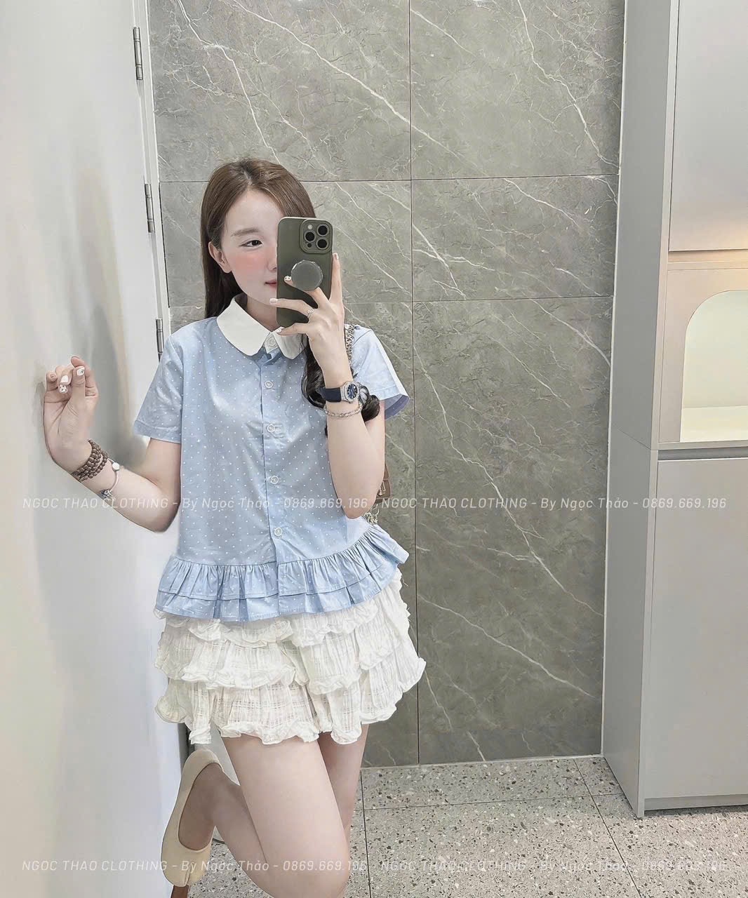 ÁO SƠ MI CỘC CHẤM BI XANH BÈO TẦNG