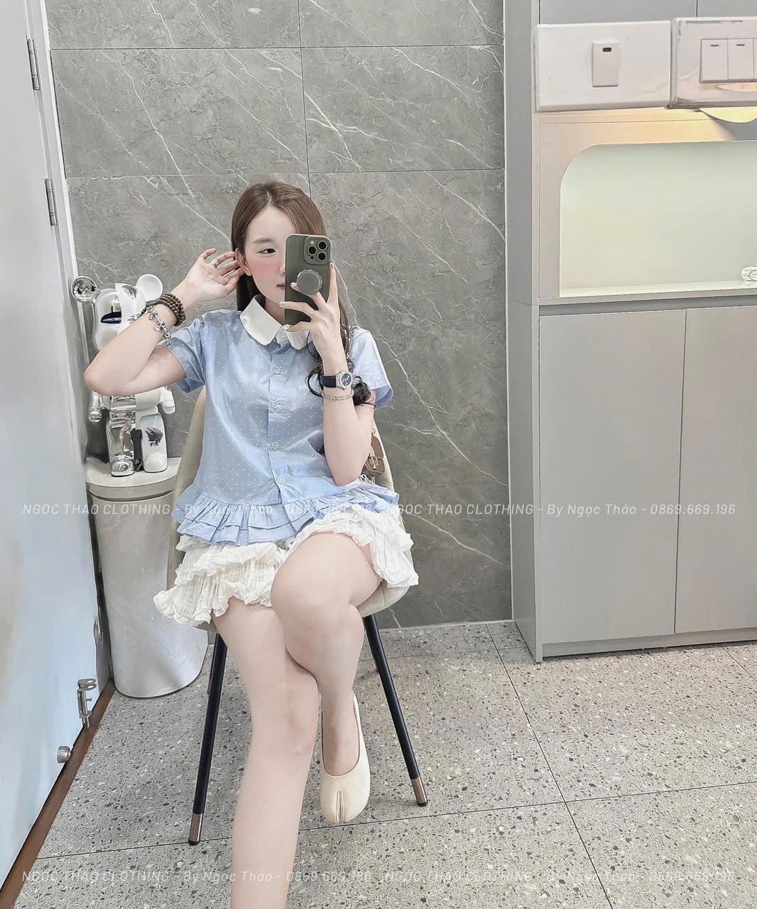 ÁO SƠ MI CỘC CHẤM BI XANH BÈO TẦNG