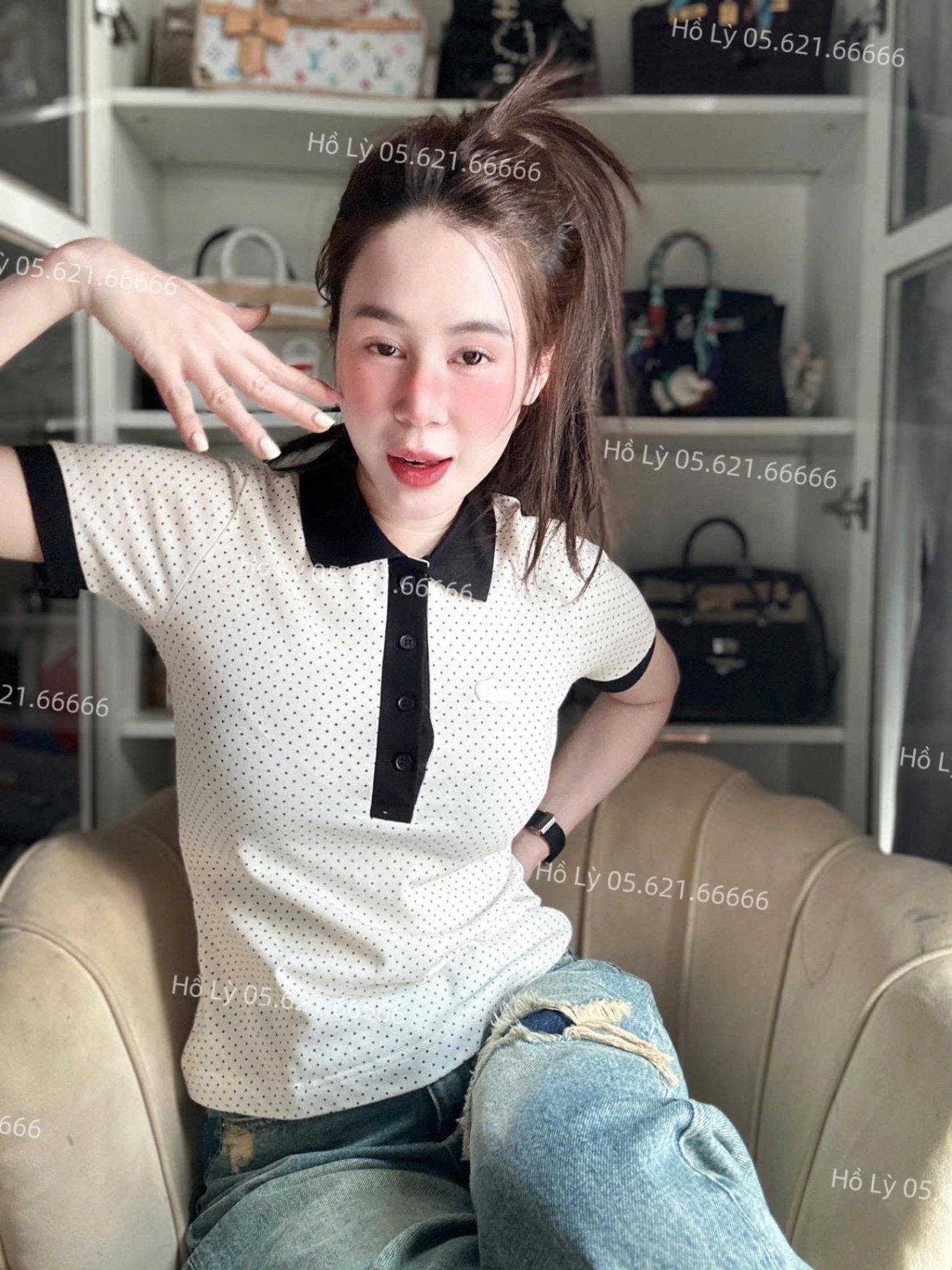 ÁO POLO LCT CHẤM BI TRẮNG