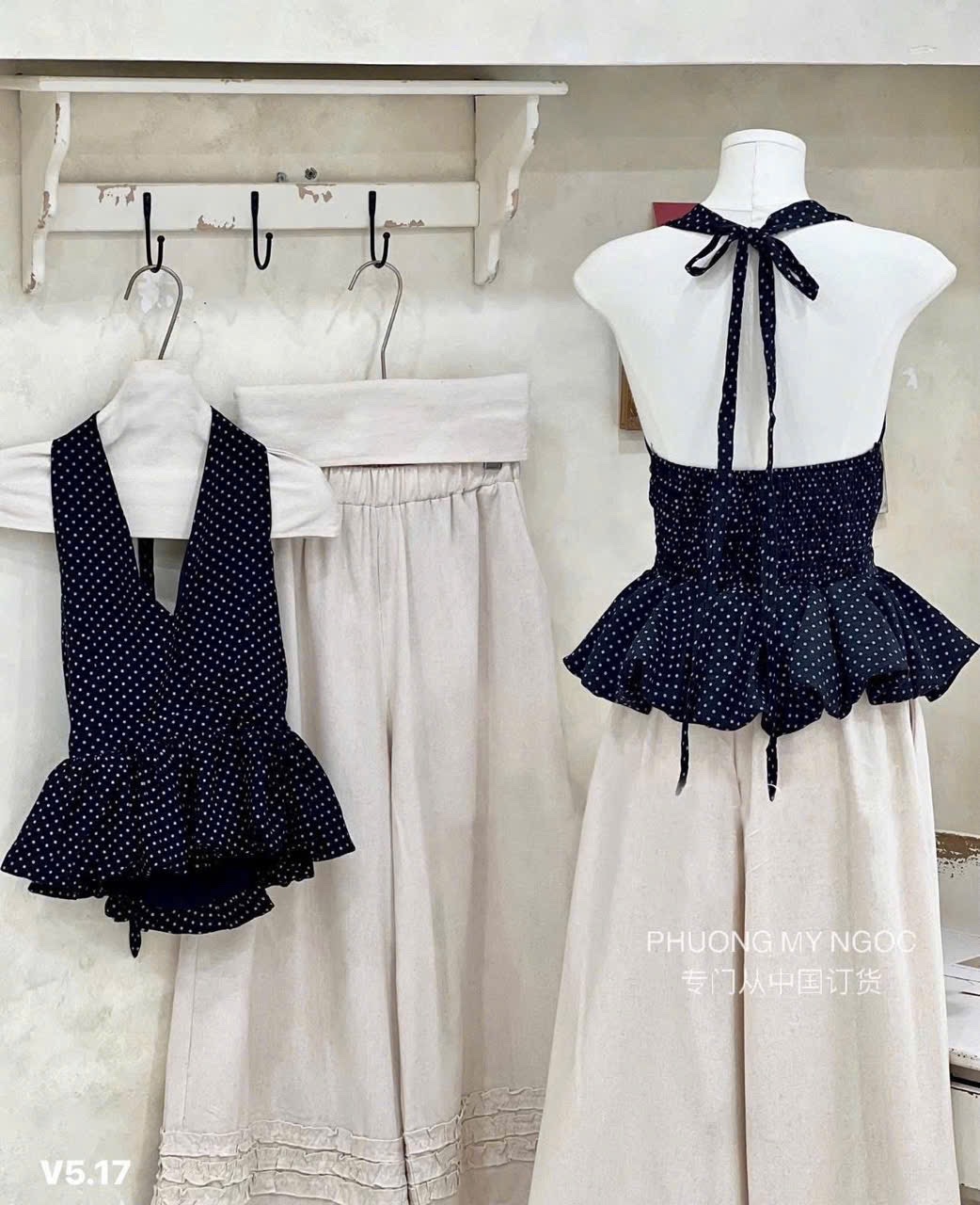 SET CHẤM BI CỔ YẾM QUẦN SUÔNG