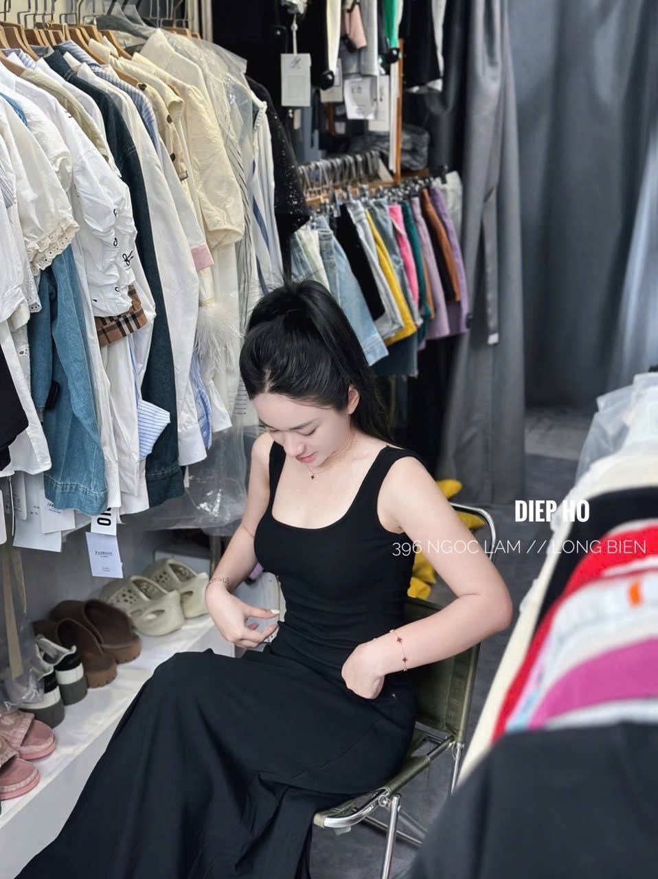 HÀNG QCCC - VÁY MAXI 2S CỔ VUÔNG QC ĐEN GHI
