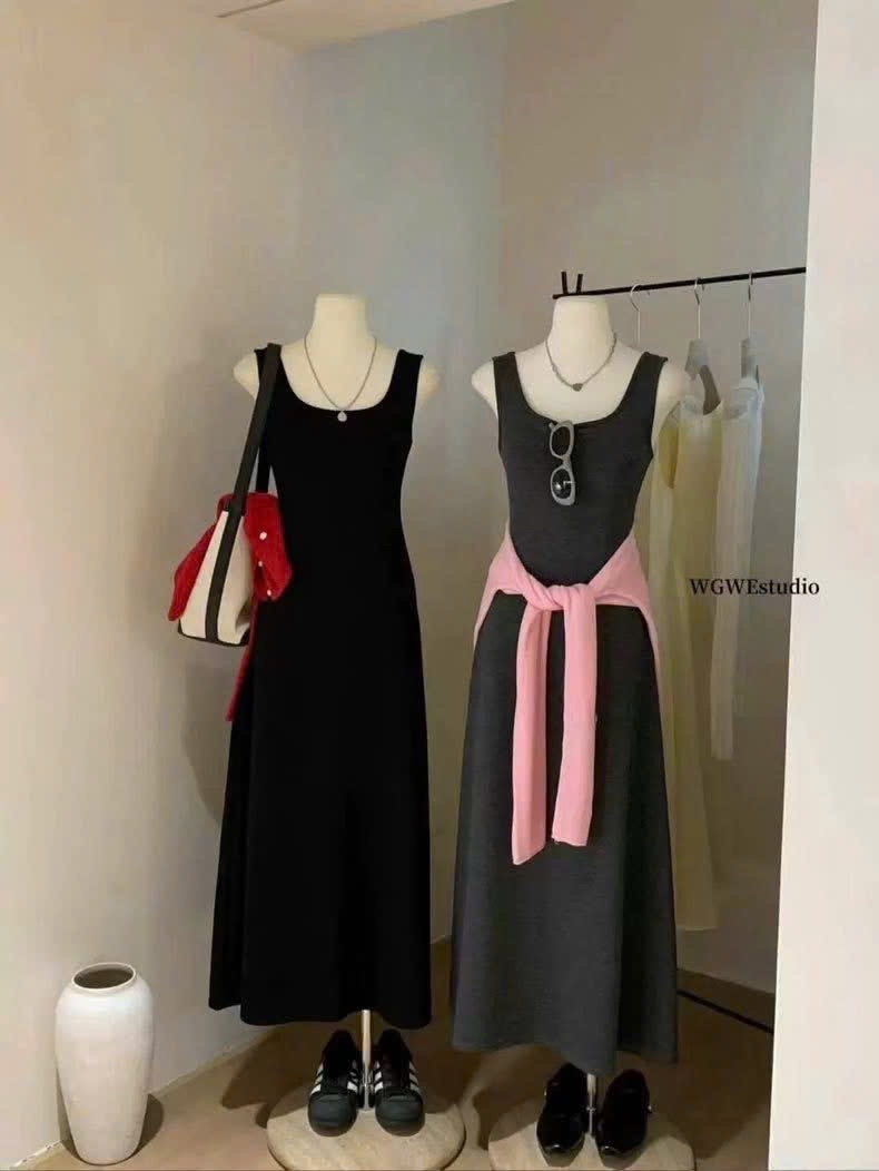 HÀNG QCCC - VÁY MAXI 2S CỔ VUÔNG QC ĐEN GHI
