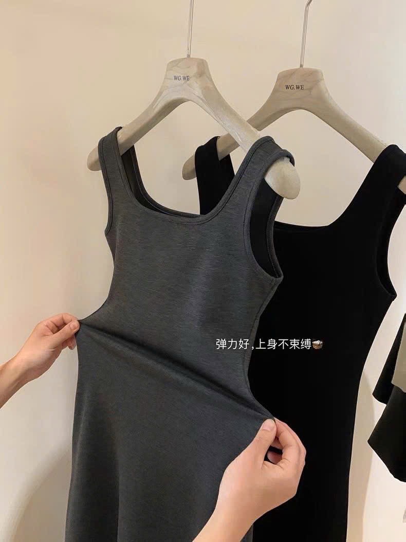 HÀNG QCCC - VÁY MAXI 2S CỔ VUÔNG QC ĐEN GHI