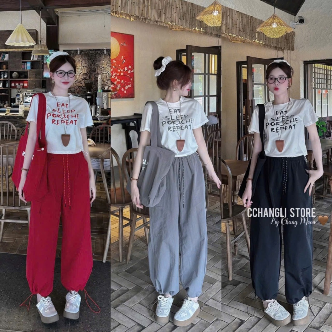 SÉT 3CT ÁO CỘC TRẮNG IN CHỮ MIX QUẦN BOM KÈM TÚI