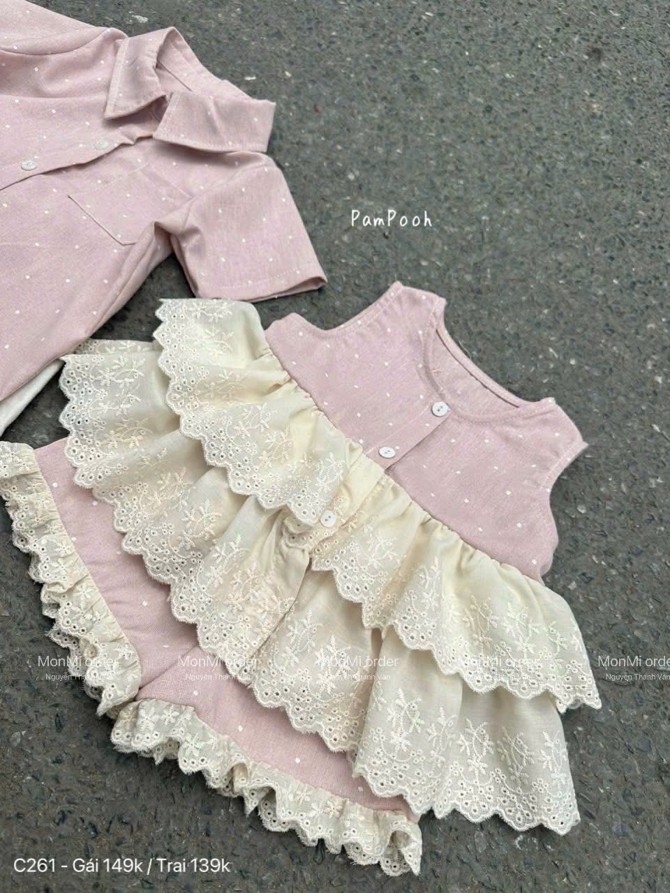 SET BỘ VÁY CHẤM BI HỒNG PHỐI REN BT BG