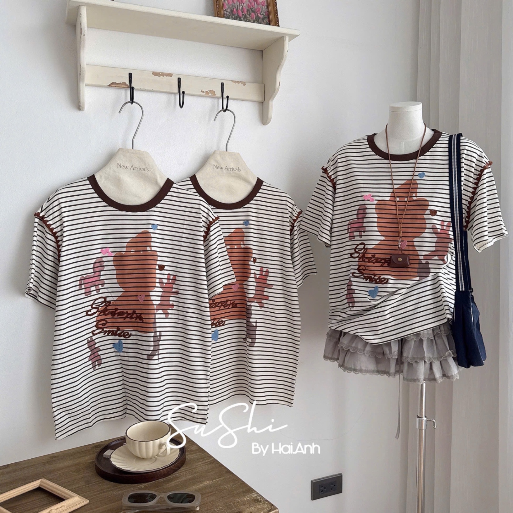 ÁO PULL CỘC KẺ HÌNH GẤU TIM QCCC