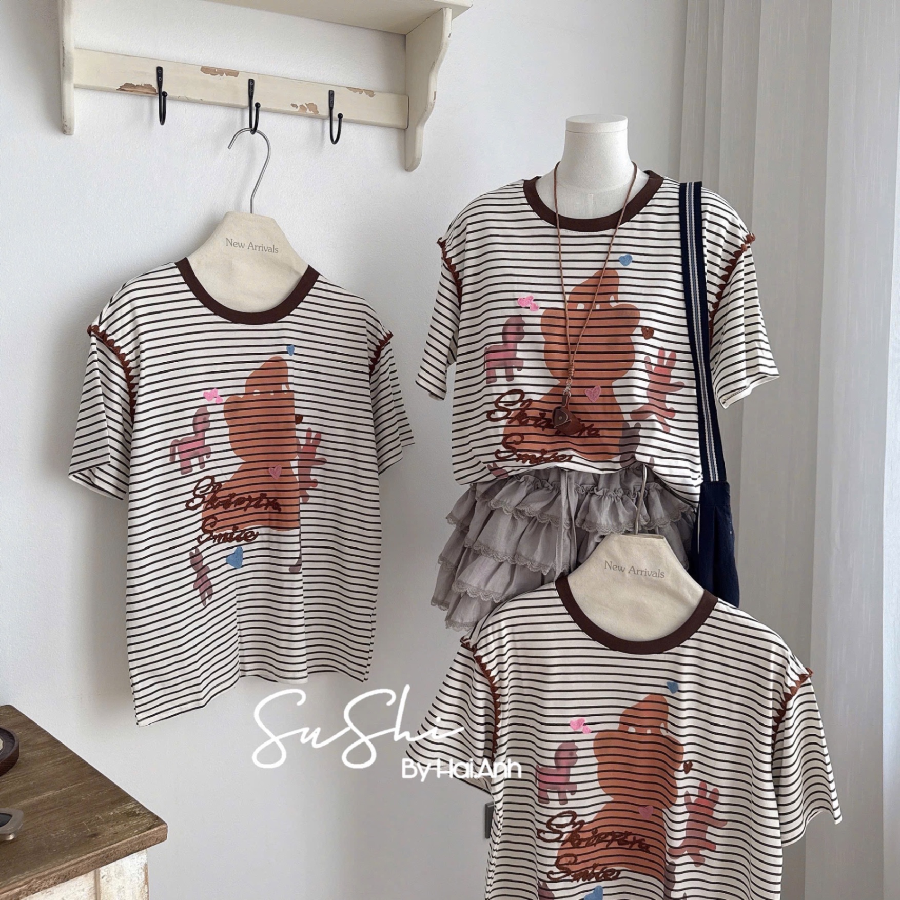 ÁO PULL CỘC KẺ HÌNH GẤU TIM QCCC