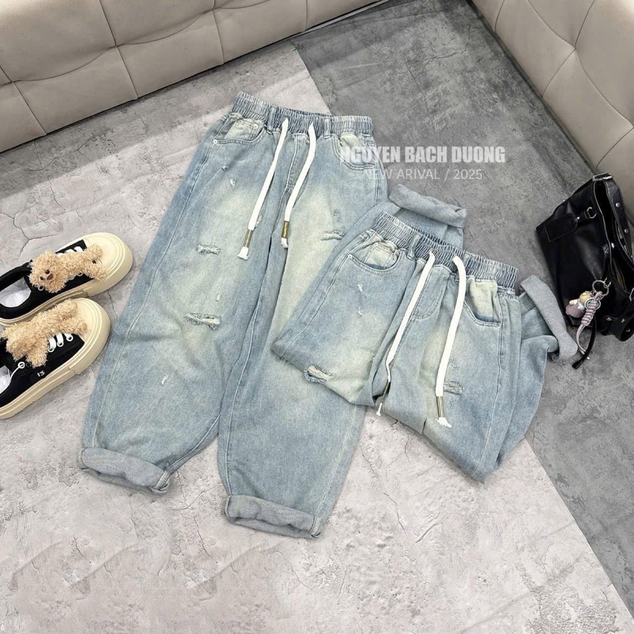 QUẦN JEAN BAGGY XANH RÁCH GỐI BUỘC DÂY